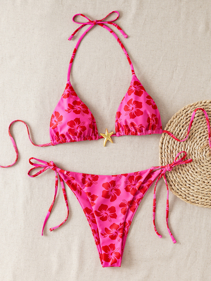 Halter String Triangle Metal Starfish Bikini Micro Thong Sexy Swimsuit Women 2025 Rose Red Floral Print Swimwears Bikinis Sets
