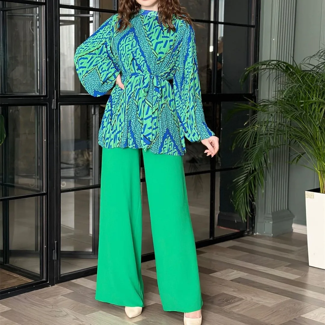 NewFashion Summer Autumn Women Elegant Long Sleeve Shirt two pieces set And  High Waist Wide Leg Pants Suit Female Casual Outfits