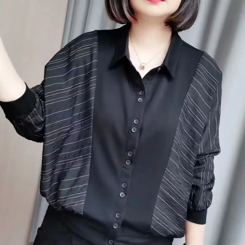 2024 Spring Summer Senior Stripe Splicing Loose Fitting Outfit Coat Simplicity Soft Button Generous Women's Clothing Shirts