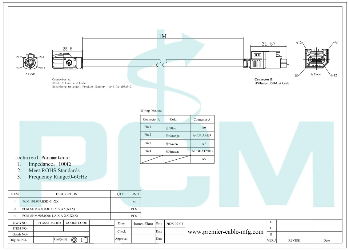 HSBridge USB 3.1 Typ-C auf HSD Automotive-Anschlusskabel, kompatibel mit Rosenberger D4K10A-1D5A5-Z und Amphenol CAA00USBC001150, 1 m – Detail 5