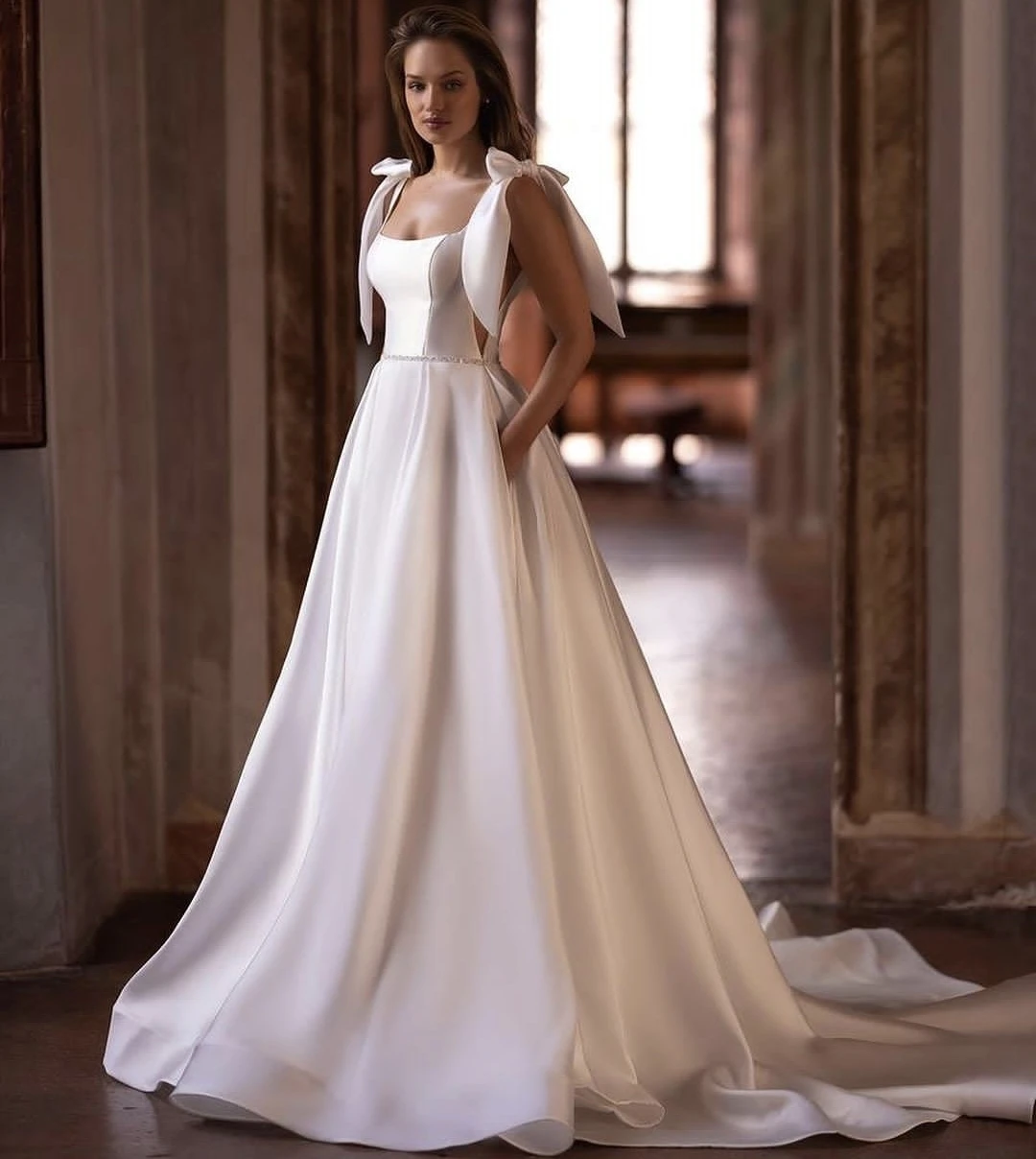 

Stunning Wedding Dress Satin Sweetheart Charming Court Train Robe De Mariee With Belt 2024Customize To Measures With Pocket