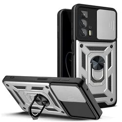 Shockproof Magnetic Case with Slide Camera Protection and Kickstand Ring Cover - Edge 50 Fushion (Silver)