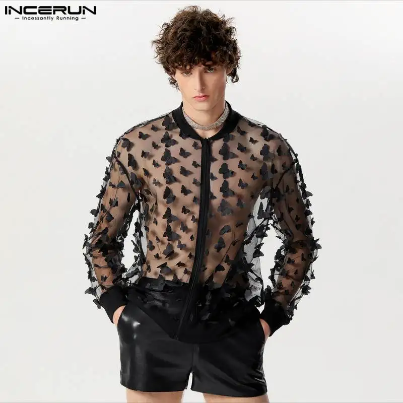 

INCERUN Men Shirt Mesh Patchwork Transparent Sexy Long Sleeve Zipper Men Clothing Streetwear 2024 Fashion Party Casual Shirts