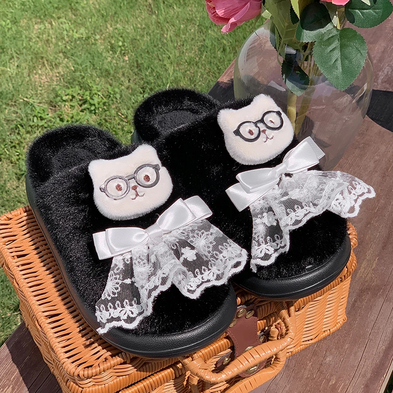 Fashion Lace Bowknot Fur Slippers Women Cartoon Bear Cute Women's Home Slippers Soft Sole Light Plush Living Room Shoes Woman