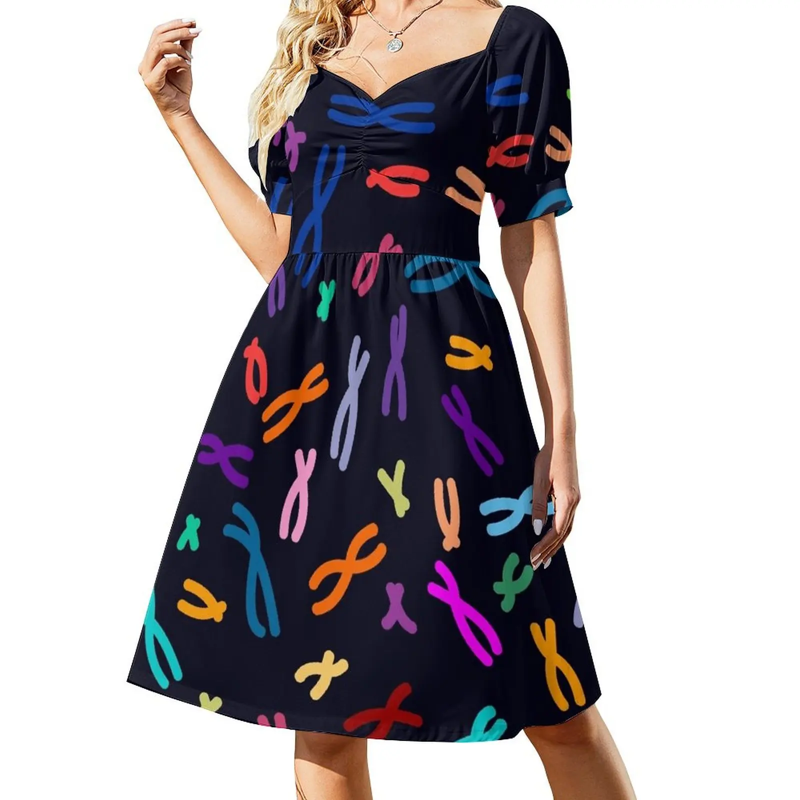 thumbnail image 1 of Vestido de manga corta con código de color ADN, vestido de fiesta, vestido de cumpleaños para mujer, vestido para niña, 1 of 7