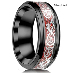 Timeless Titanium Stainless Steel Ring with Black and Blue Carbon Fiber Inlay - Elegant Men's Wedding Band and Gift Accessory - 8 (Red)
