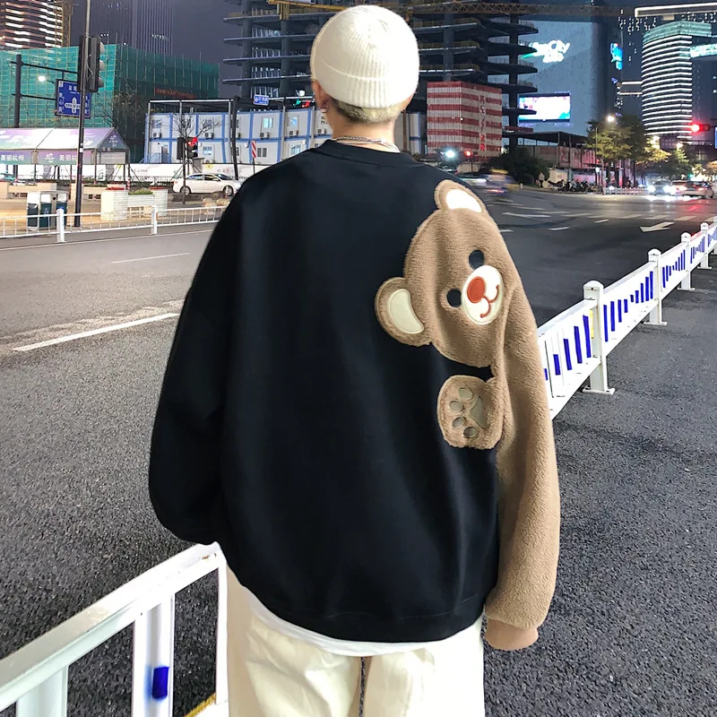 

Y2K Mens Cartoon Bear Patchwork Couple Oversized Black Sweatshirts Warm Casual Winter Tops Men Women Loose Sweatshirt Techwear