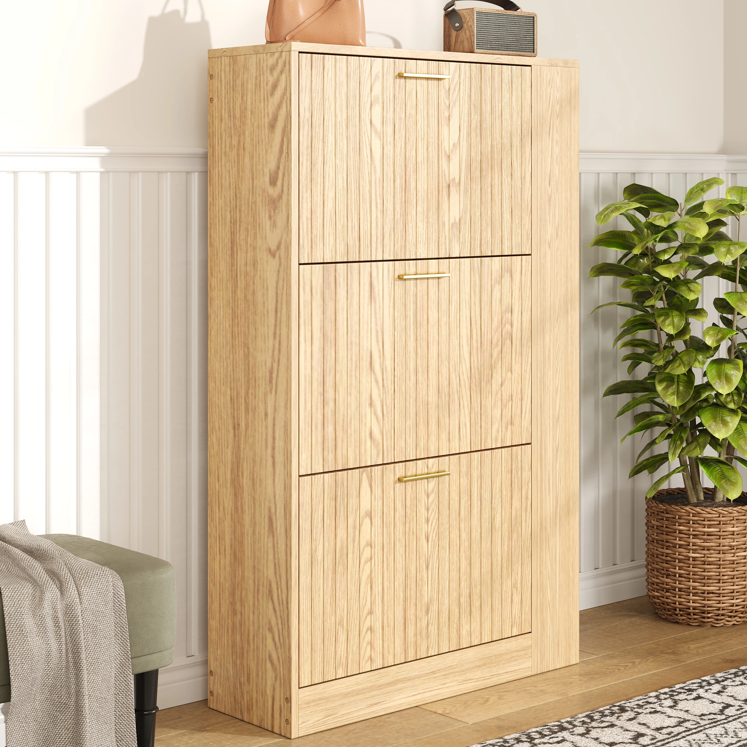 Moderner, minimalistischer Schuhschrank aus Holz, dreitüriges Design, großes Fassungsvermögen, offene Regale, stilvoll und praktisch – Detail 10