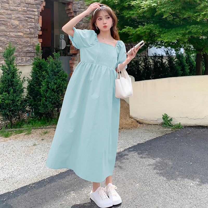 

Blue Pink Plus Size Pregnant Woman Brief Dress Puff Sleeve Square Collar Long Loose Maternity Beach Dress Casual Pregnancy Dress