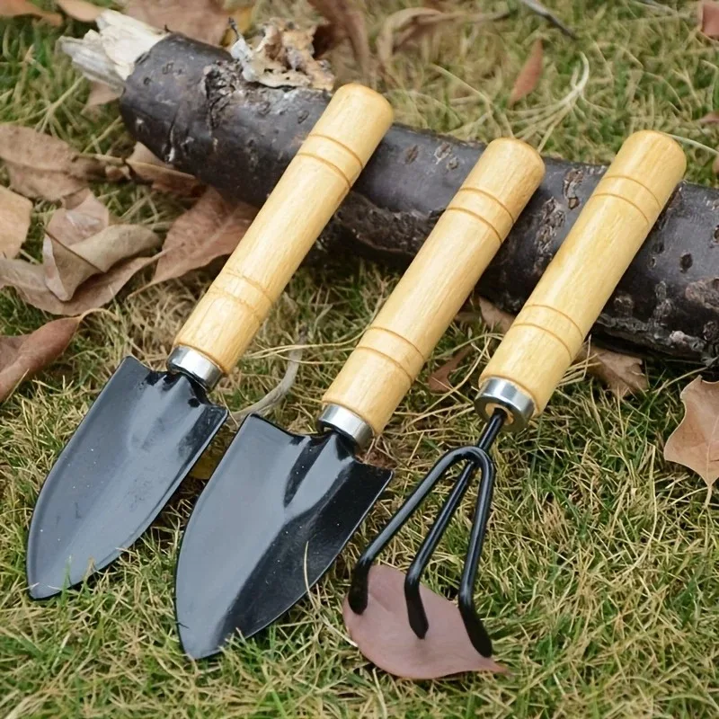 Compact Wooden-Handled Gardening Tool Set - 3-Piece Shovel and Rake Kit for Potting and Plant Care