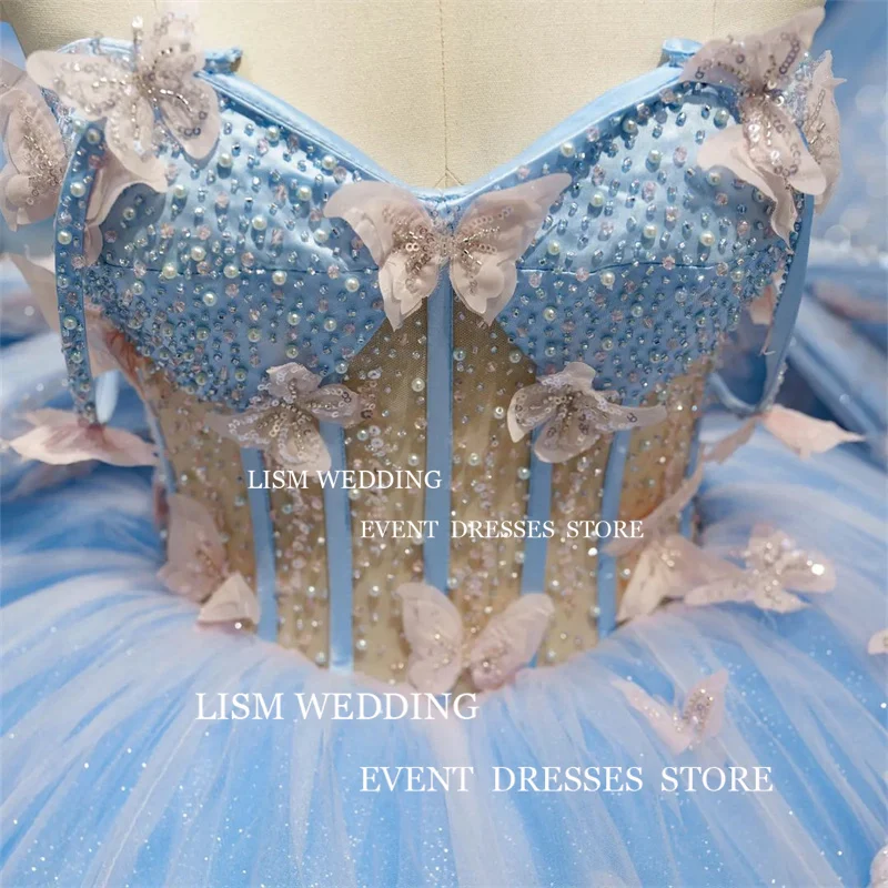 LISM Light Blue Butterfly Quinceanera Dresses With Cape Lace Applique Mexican Prom Birthday Sweet 16 Dress Vestidos De XV Anos quinceanera dresses