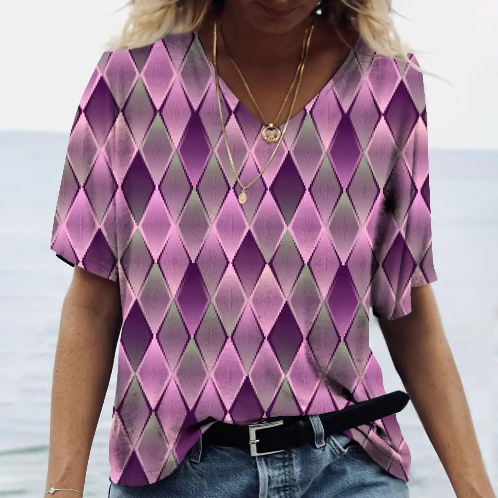

Women's T-Shirts Geometric Print Top Short Pullover Sleeved Fashion Casual Summer O-Neck Oversize Tee Shirt Female Clothing 2024