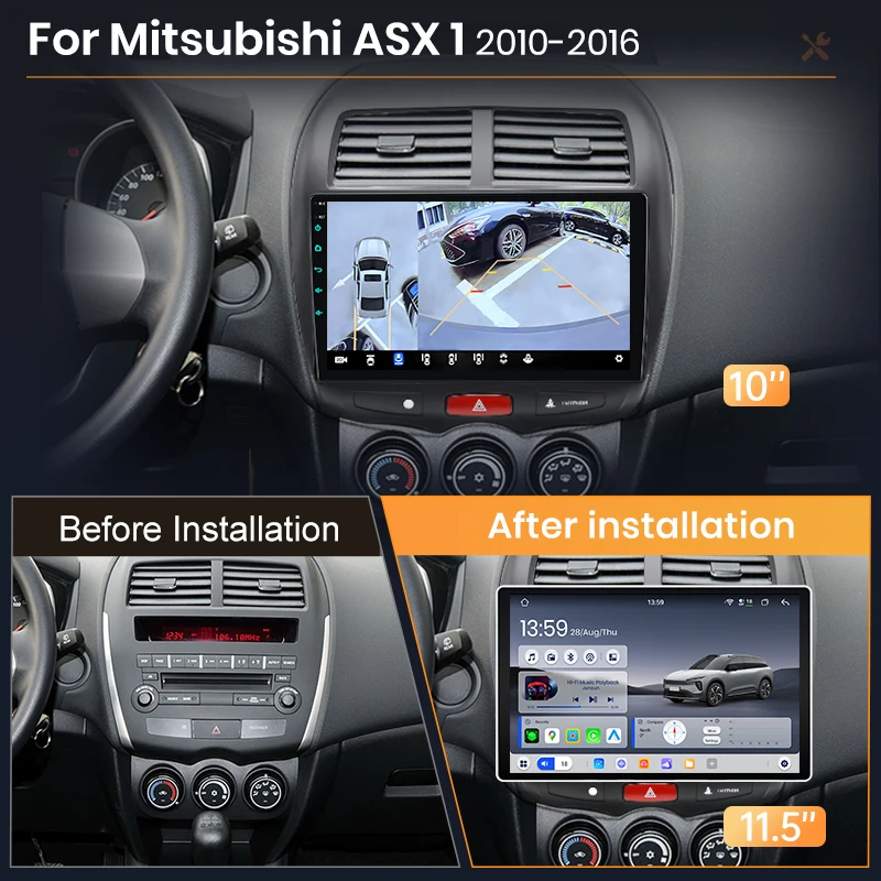 AWESAFE Radio Android de 10 pulgadas para Mitsubishi ASX 1 2010-2018, CarPlay inalámbrico y Android Auto, navegación GPS, soporte multimedia, control del volante, amplificador de subwoofer, cámara trasera, Plug and Play, DAB+, autoradio digital 2DIN, radio para coche, estéreo, RDS, DSP, FM, WIFI 2