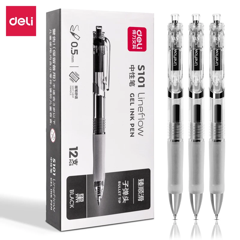 Deli 1 PC Gel Pen 0.5mm Black Ink Soft Grip Press Transparent Smooth Writing Office School Stationery S101