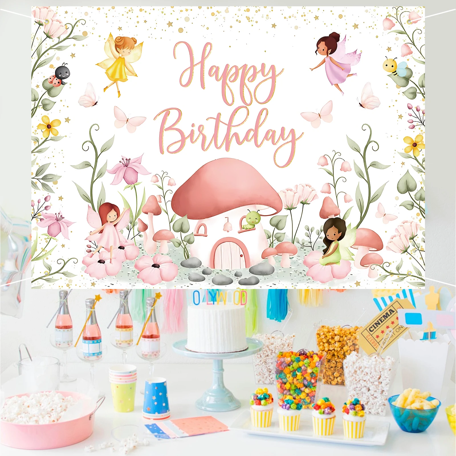 Fairy Birthday Backdrop Elf Mushroom Fairy Birthday Party Decorations Backdrop for Pink Flowers Butterfly Garden