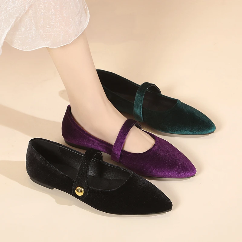 Elegant Velvet Ballet Flats Woman Luxury Velour Mary Jane Shoes Ladies Pointed Toe Buckle Strap Loafers In Purple Green 3