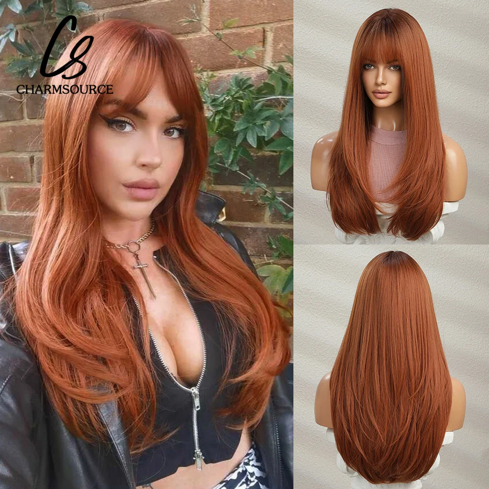 

CharmSource Long Straight Wig Red Ginger Copper Yellow with Bangs Synthetic Wigs for Women Cosplay Party Lolita Heat Resistant
