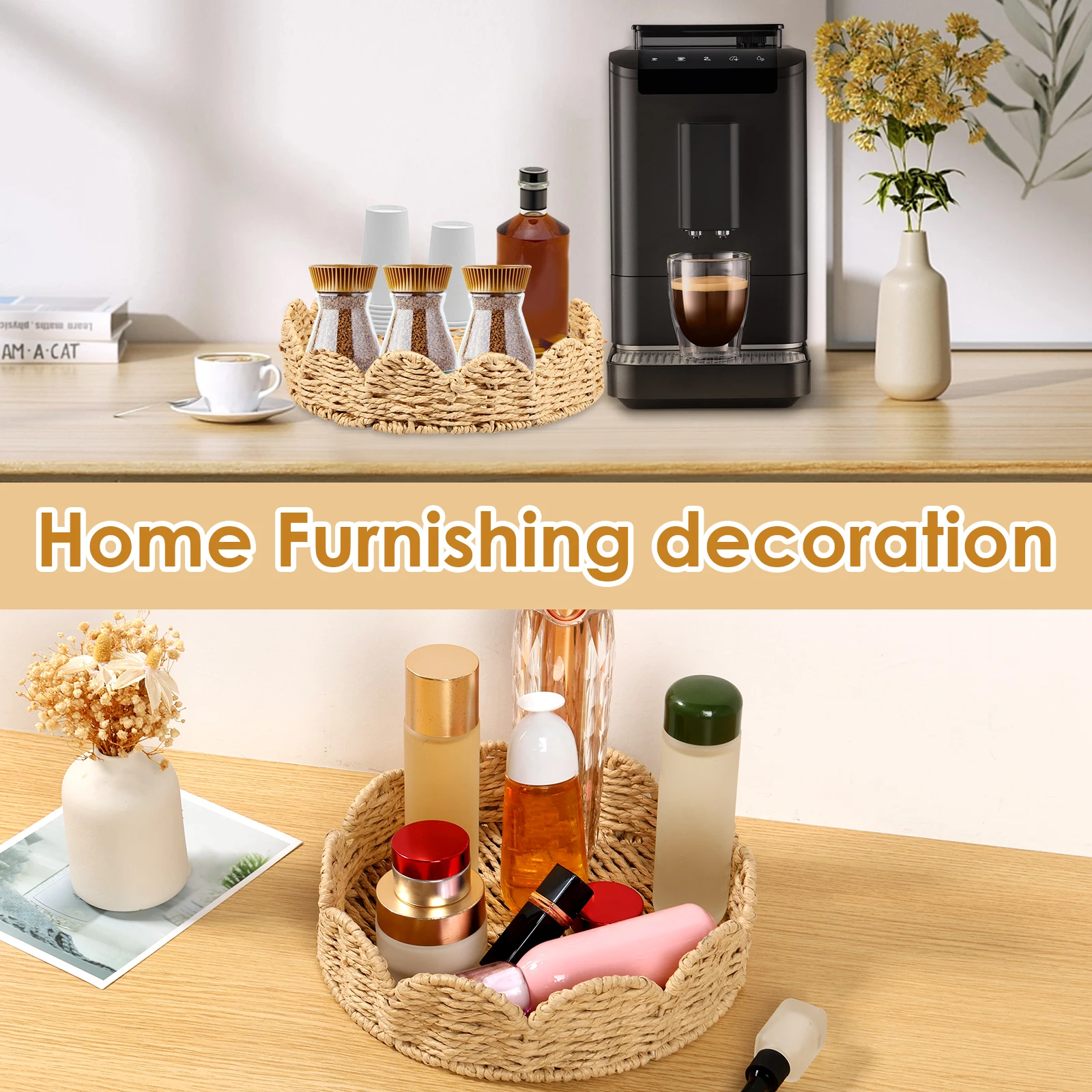 2 Pcs Storage Basket Hand Woven Organizer Baskets Multi-purpose Fruit Basket Braided Serving Tray for Home and Kitchen Organizer