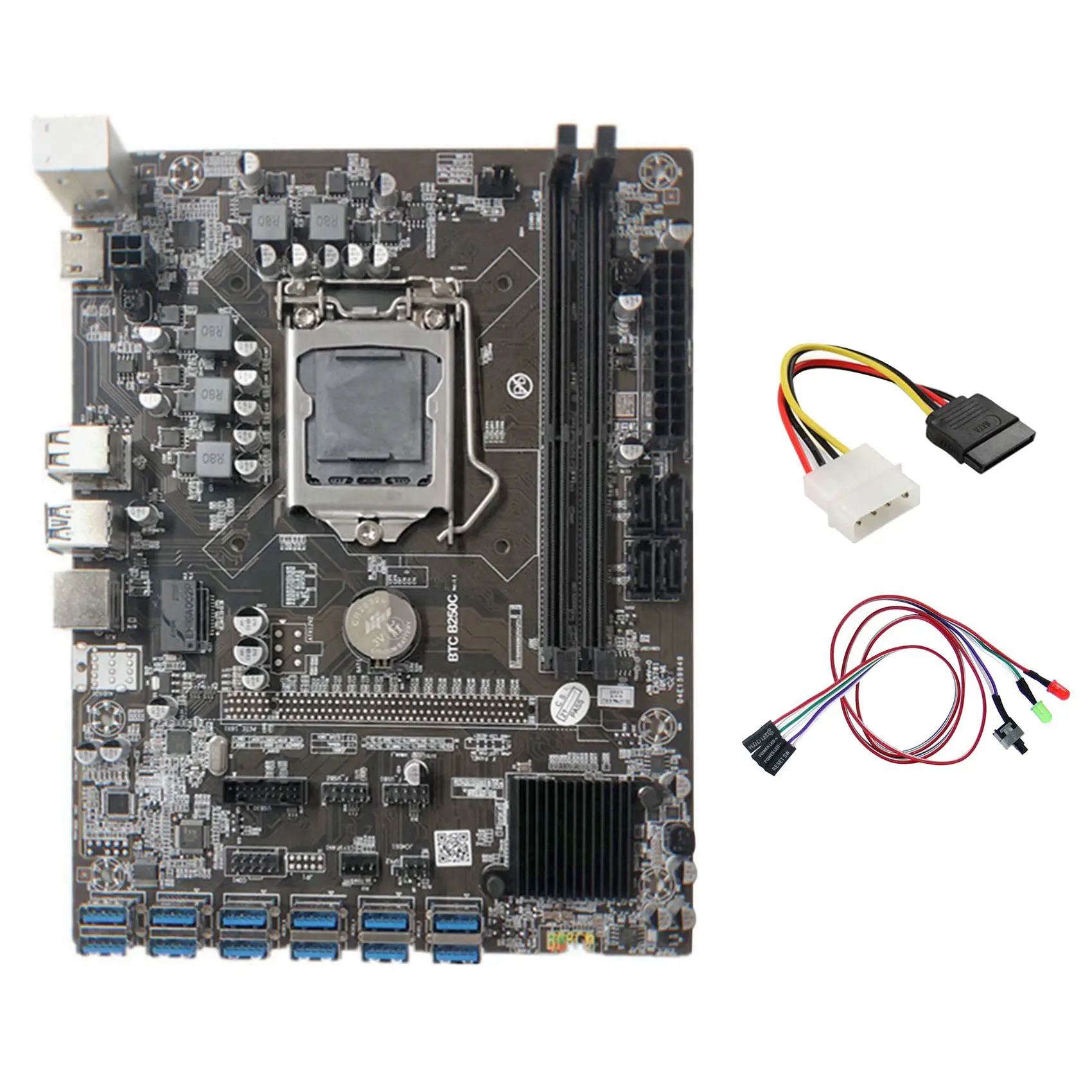 

B250C Miner Motherboard+Switch Cable with Light+4PIN IDE to SATA Cable 12 PCIE to USB3.0 GPU Slot LGA1151 Support DDR4