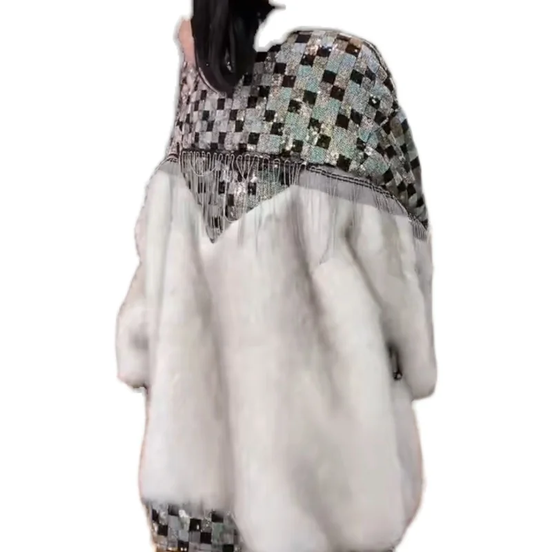 2023 New Winter Fashion Thicken Warm Overcoat Mid-long Tassel Sequins Plaid Patchwork Mid-length Casual Long Sleeve Jacket Coat
