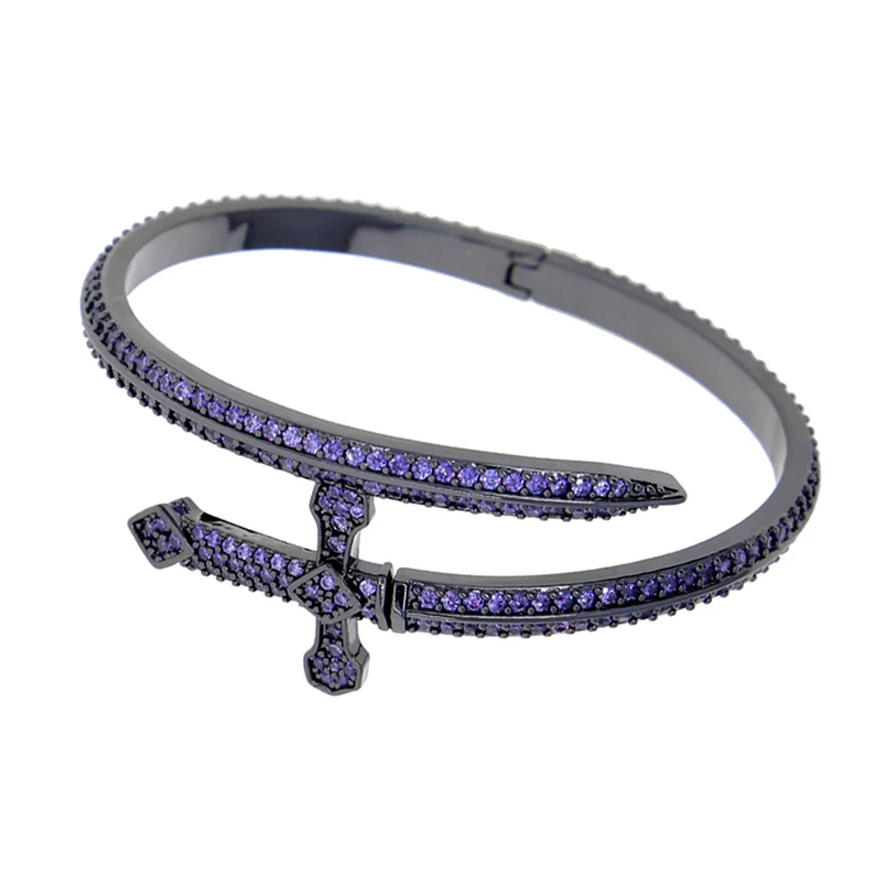 2023 New Hiphop Iced Out Bling CZ Justice Sword Bangle Gold Color