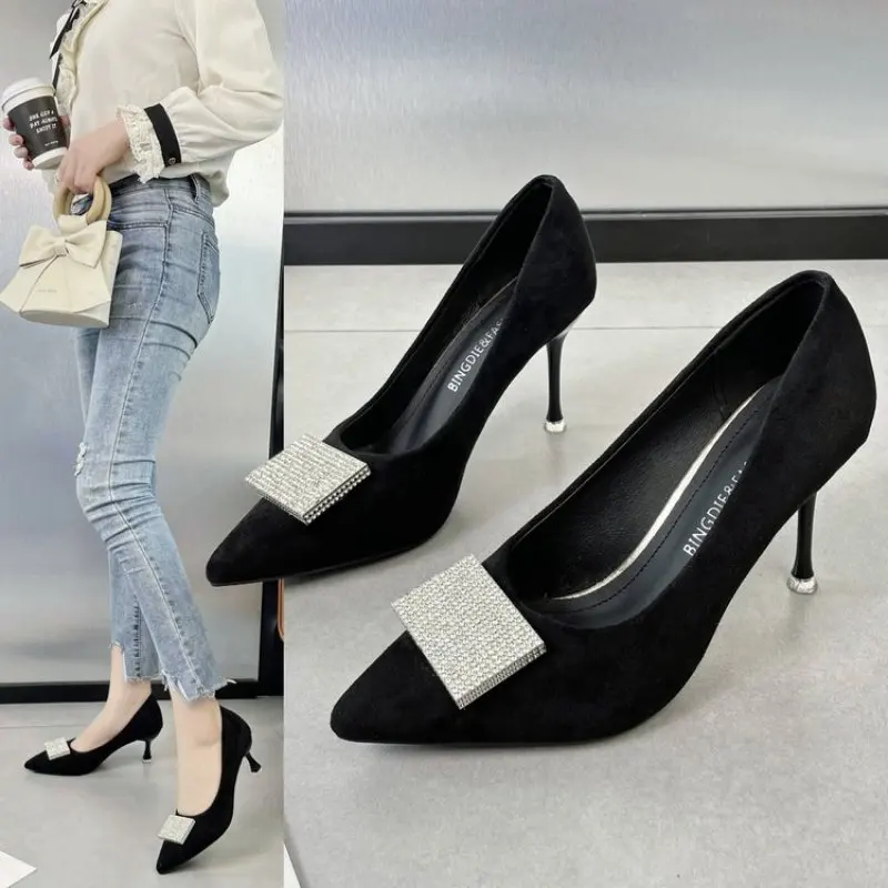 NEW High Heels Shoes for Woman 2024 Office Women's Summer Footwear Pumps Pointed Toe Black on Heeled Normal Leather Casual Trend