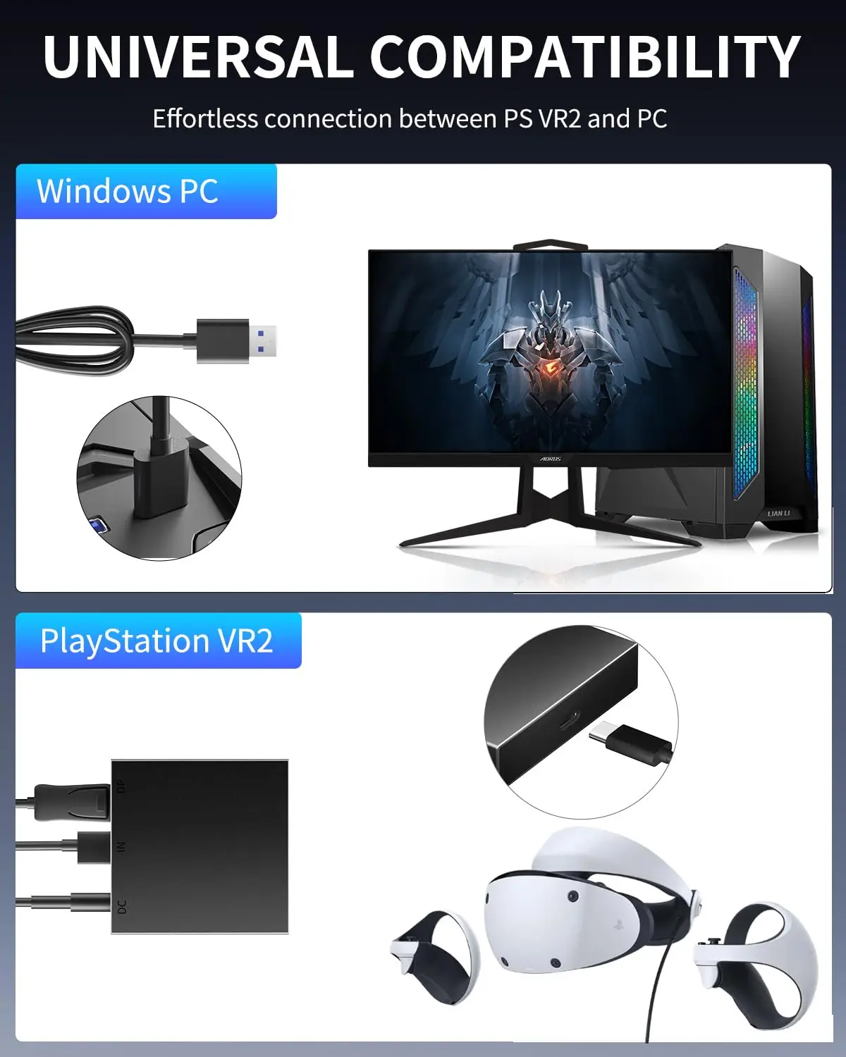 AOLION For PS5 VR2 PC Converter PS VR2 PC Adapter Kit Adapter