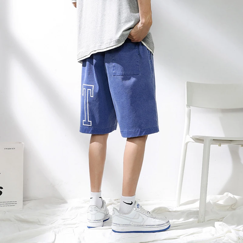 Men's Summer High Street Shorts Men Elastic Wash Pure Cotton Printing  Retro Sports Shorts Harajuku Baggy Joggers Swimming Short