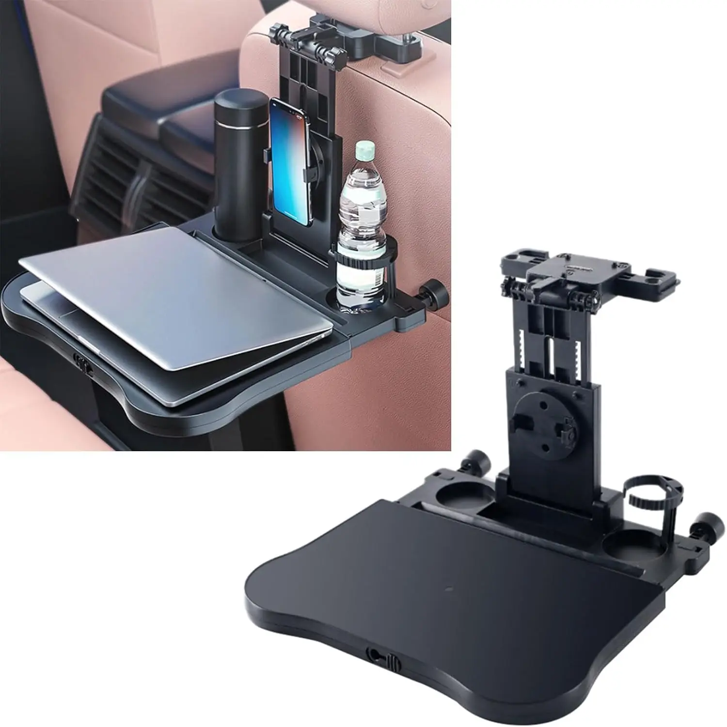 Tavolino da Viaggio per Auto Multifunzionale, Tavolo Regolabile per Sedile Posteriore, Vassoio da Viaggio con Porta Cellulare e Portabicchieri, Accessori Interni