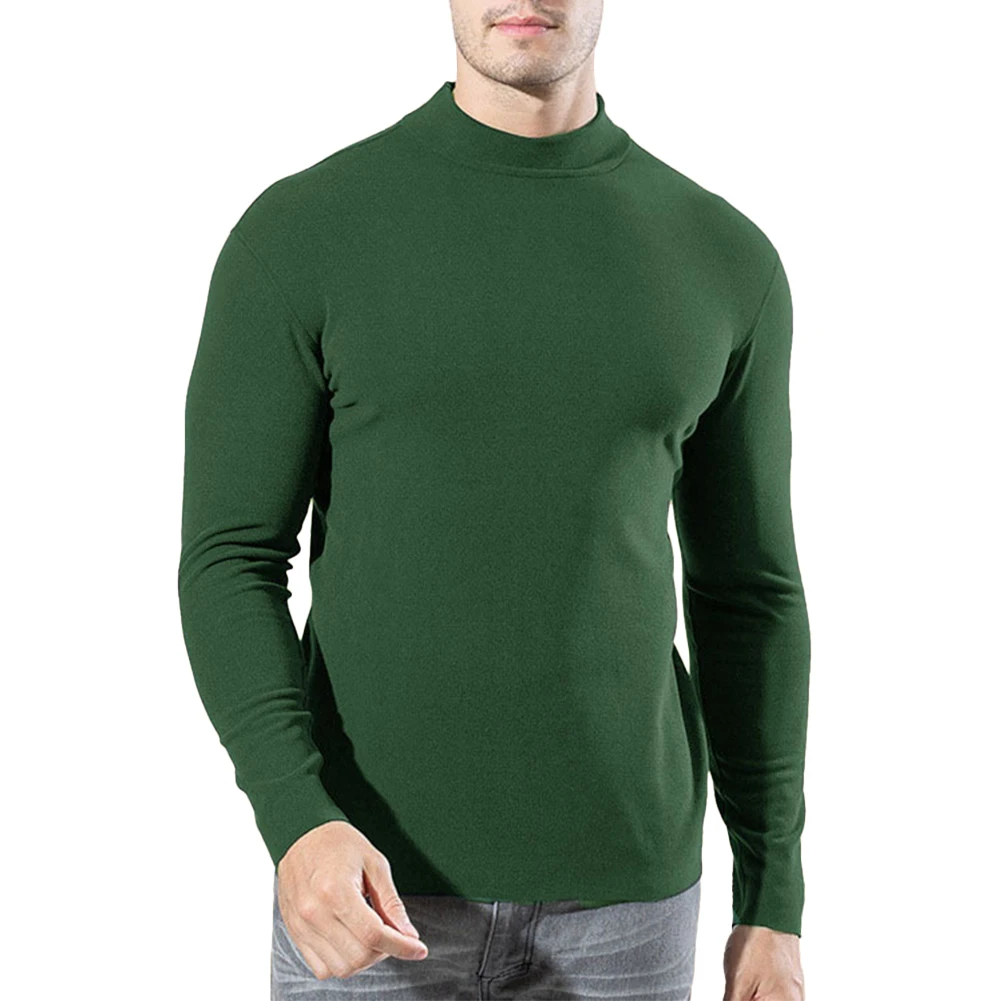 Solid Color Men's Mock Neck Elastic Pullovers Thermal Underwear Long Sleeve Jumper Male Tees Tops Warm Winter Slim Fit T-Shirt