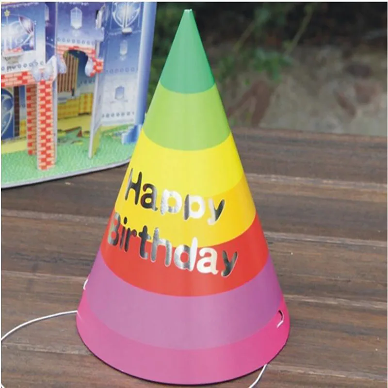 10 bunte gestreifte Kegelhüte, Happy Birthday Partyhüte, Kinderschmuck