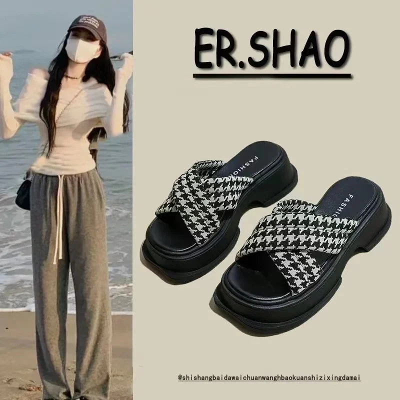 Crossed Ribbon Woven Roman Sandals Women's 2023 Summer New Thick Bottom Anti Slip Temperament Versatile Soft Bottom Sandals