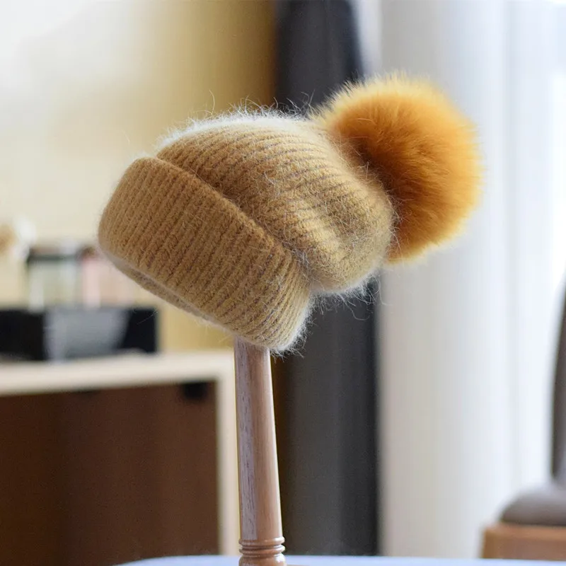 Winter Women's Real Fox Fur Pom-Pom Knitted Beanie Cap with Rabbit Fur Trim and Cashmere Touch