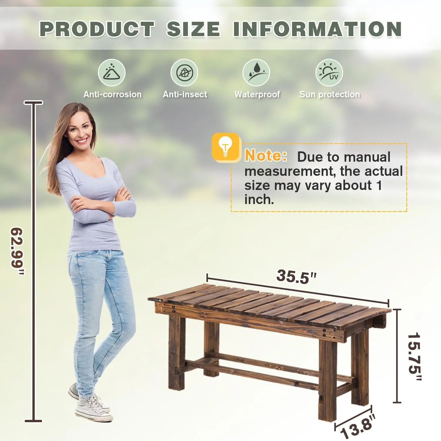 Outdoor Garden Bench 2 Person Wood Patio Bench Weatherproof Outdoor Backless Bench Anti Corrosion and Anti Rust Garden Benches f 3