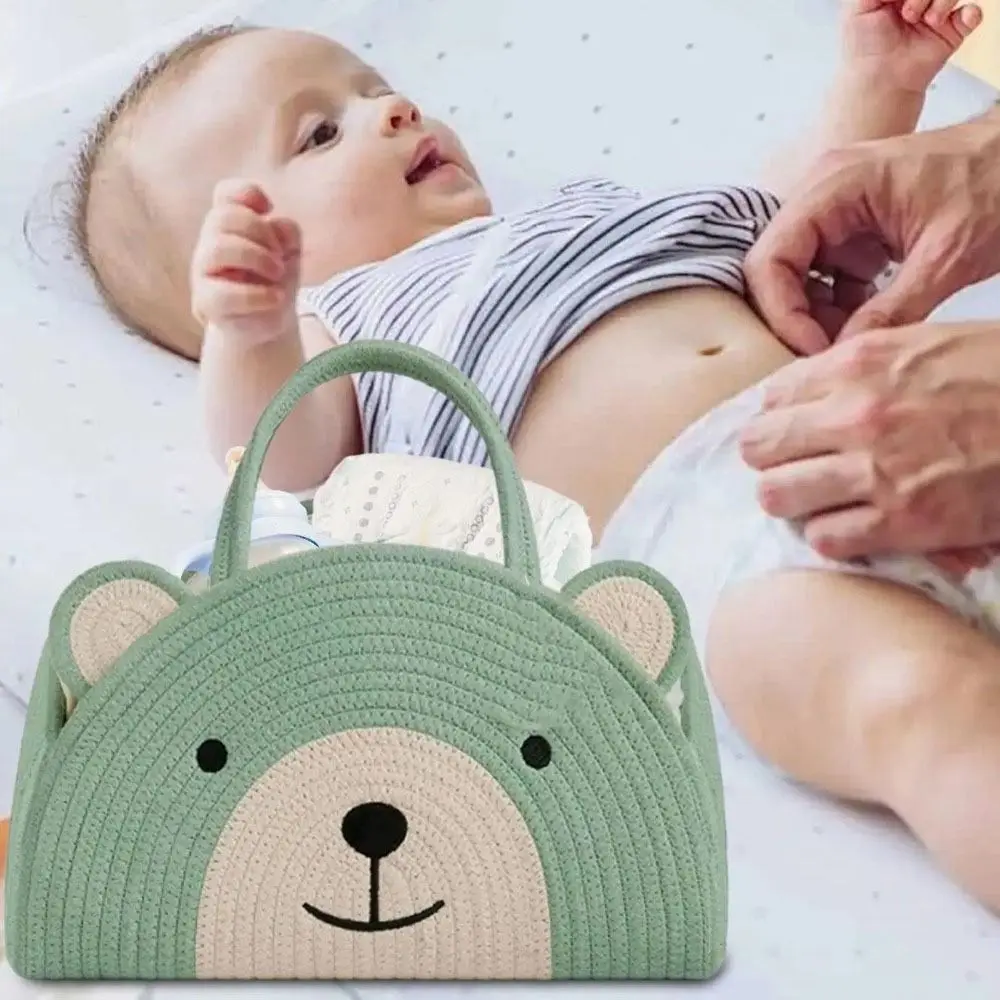 Cute Cotton Rope Baby Diaper Bag Handheld Bear Pattern Diaper Storage Bin Large Capacity with Handle Mommy Bag Newborn
