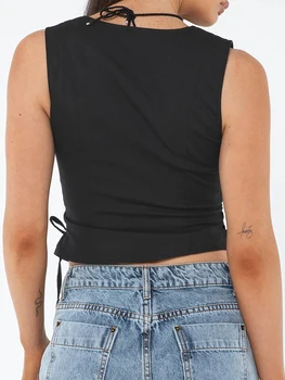 Women s Summer  Tank Tops Solid Color Front Button Vest Side Cross Tie-Up Waistcoat Streetwear 2