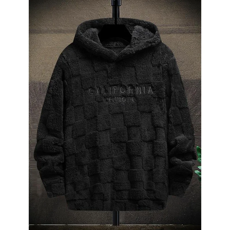 Men's Letter Embroidery Textured Drop Shoulder Fuzzy Hoodie, Regular Fit Casual Fashion Fall Streetwear Long Sleeve Hooded Sweat 2