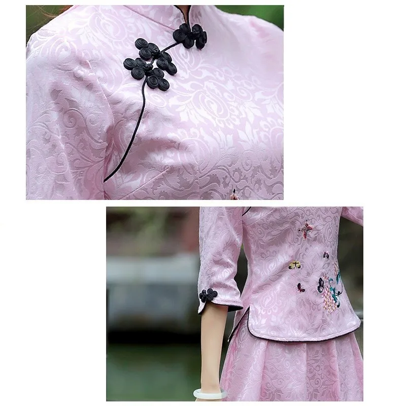 Guzheng Sets Chinese Cosplay Style Qi Pao Fashion Half Sleeve Tang Costume Elegant Short Suit Dress Massage Uniform XXL Clothing
