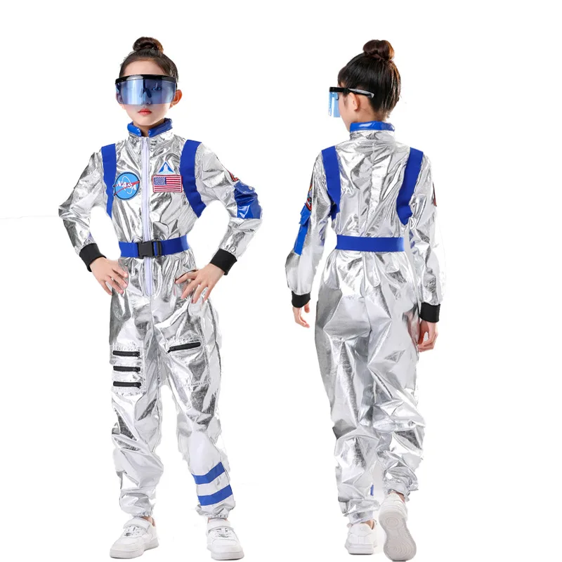 Kids Cosplay Costume Astronaut Silver Jumpsuit Space Themed Party Dress Up for Boys and Girls