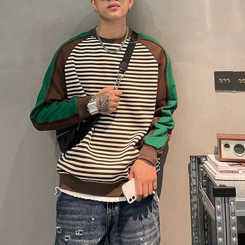 2023 Spring and Autumn Men's Fashion Commuter Stripe Color Block Korean Round Neck Long Sleeve Loose Versatile Casual Sweater