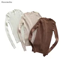

Women Sweater Pullover Basic Ribbed Sweaters Cotton Tops Knitted Solid Crew Neck With Thumb Hole
