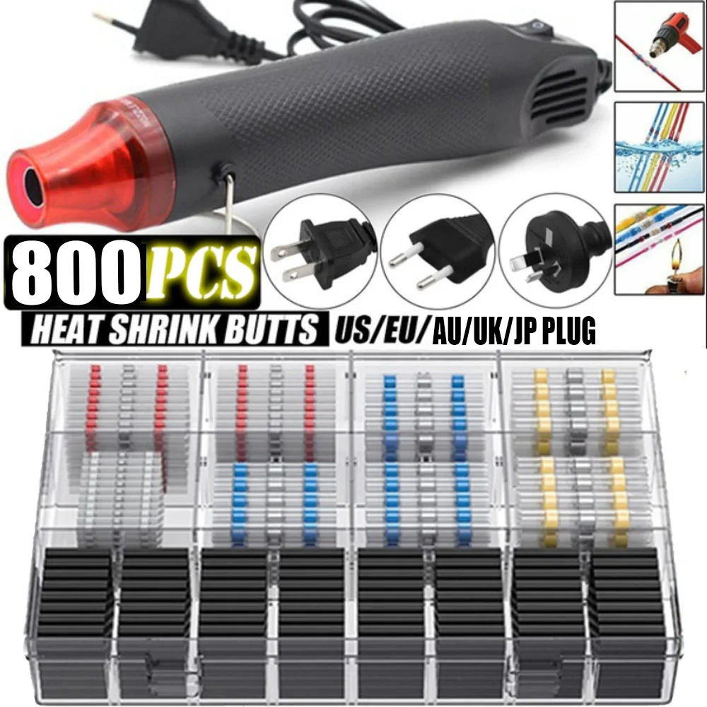 800Pcs Waterproof Heat Shrink Butt Crimp Terminals Solder Seal Electrical Wire Cable Splice Terminal Kit with Hot Air Gun 800pcs solder seal heat shrink butt wire connector terminals