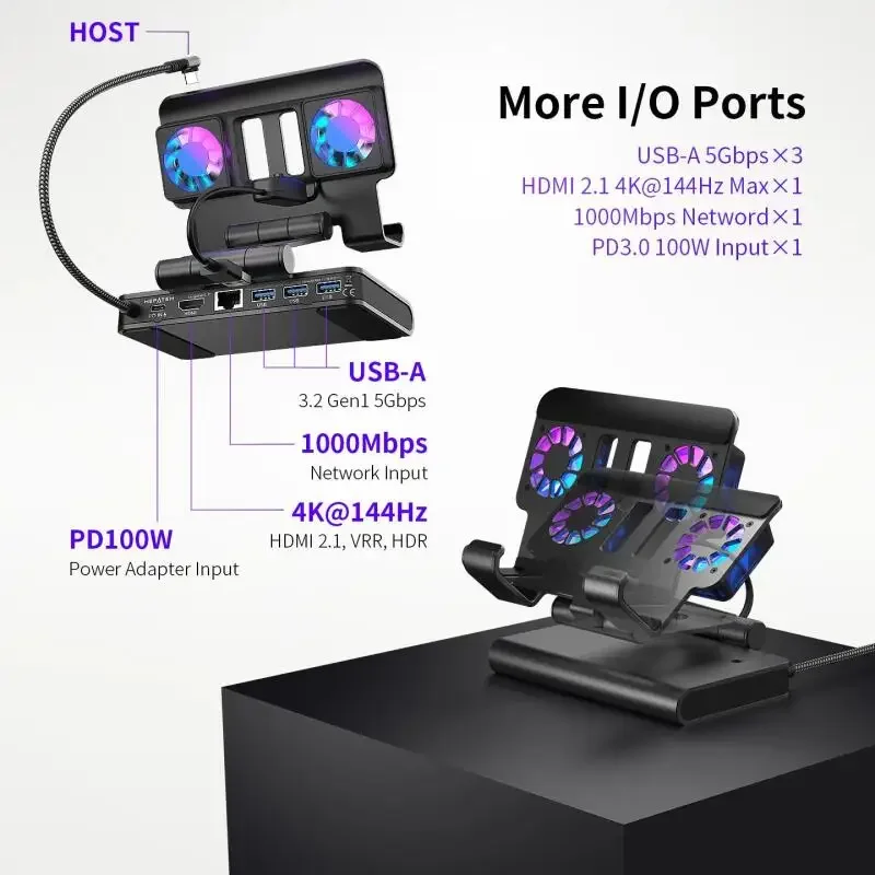 스팀 덱, 로그 얼라이, 엑스 리전 고, MSI 클로우용 6 in 1 도킹 스테이션 듀얼 팬, 조절 가능한 스탠드, HDMI 4K 멀티 포트 게임용 도크