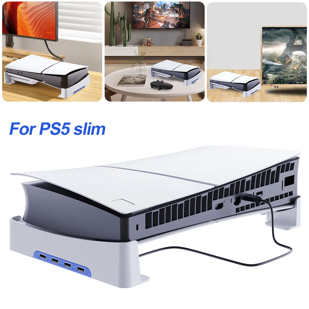 플레이스테이션 5 슬림 디스크 및 디지털 에디션용 디스플레이 스탠드, PS5 슬림 베이스 스탠드, 4 포트 USB2.0 허브 거치대
