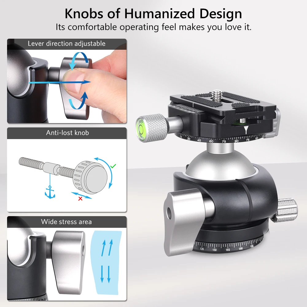 46mm Low Profile Tripod Head With 3 Screw Adapter 3/8 To 1/4 Professional Aluminium 360 Rotating Panoramic Ball Head Max Loading 20kg