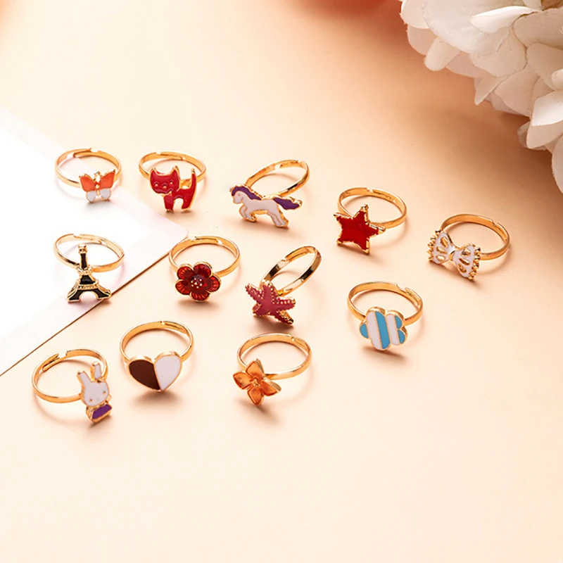 Finger Ring 10pcs/lot Cute Cartoon Kids Rings Candy Flower Animal Bow Shape Ring Girls Jewelry Enamel Flower Crown Finger Ring For Children
