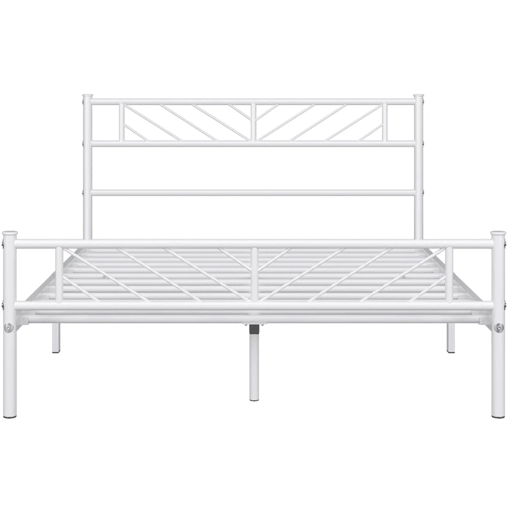 Metal Platform Bed with Arrow Design, Queen, White