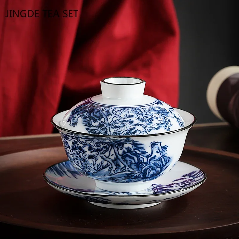 Chinese Vintage Blue and White Porcelain Gaiwan Handmade Ceramic Tea Bowl Teacup Home Teaware Tea Ceremony Personal Cup