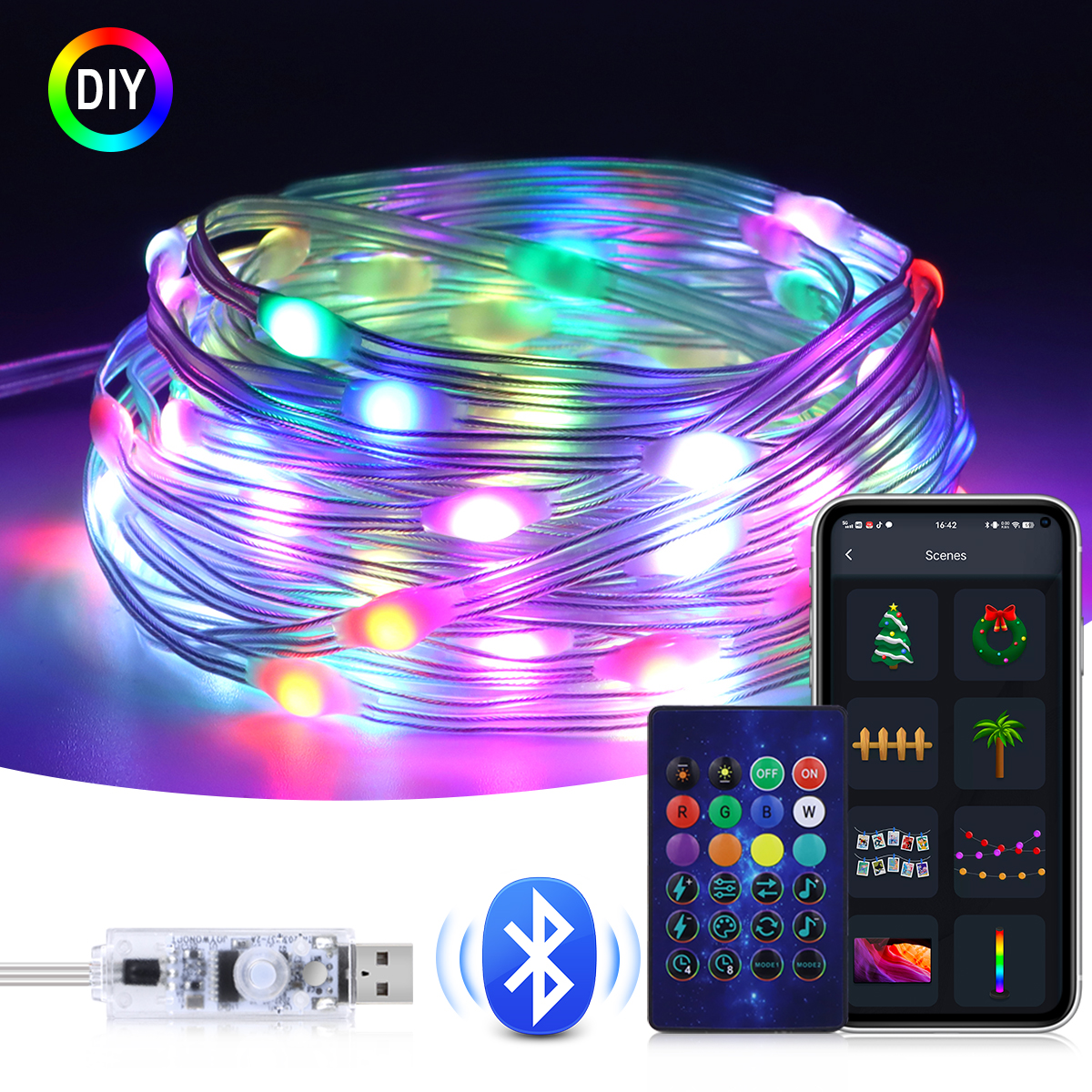 Garland USB 5V WS2812B Bluetooth LED String Fairy Lights Dreamcolor RGBIC Addressable Party Christmas Lights Wedding Decoration