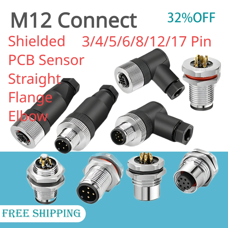 

M12 Waterproof Aviation Connectors 3/4/5/6/8/12/17 Pin Male&Female Plug Shielded Straight Elbow Flange PCB Sensor Connector IP67